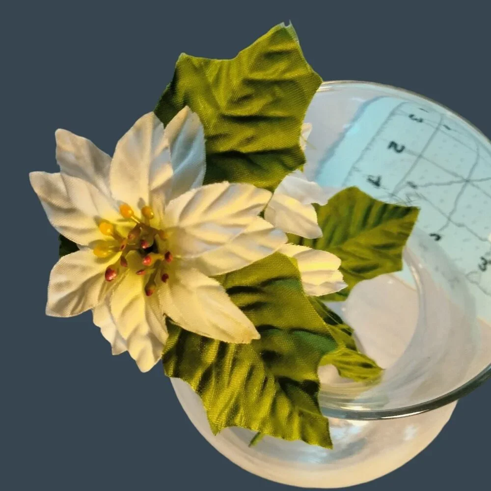 Artificial White Poinsettia Flower Stem Green Leaves Vintage Floral Craft